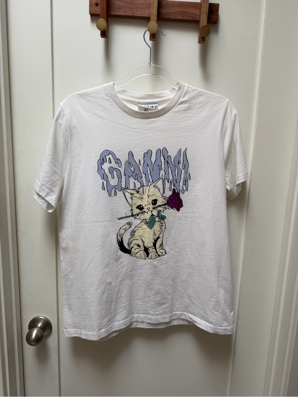 Ganni White Tee with Cream Cat Holding Purple Rose - Picture 6 of 13